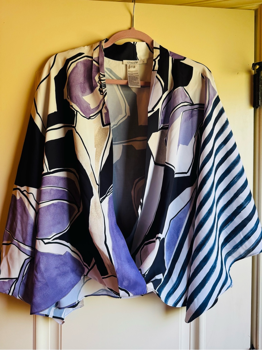 Chico's Purple, Black & White Patterned Open-Front Blouse/Kimono